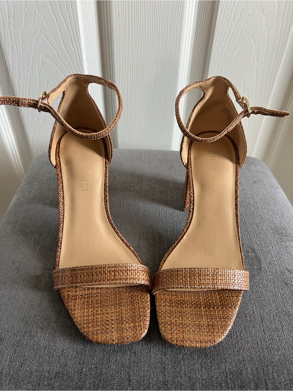 Nine West Brown Raffia Ankle-Strap Block Heel Sandals